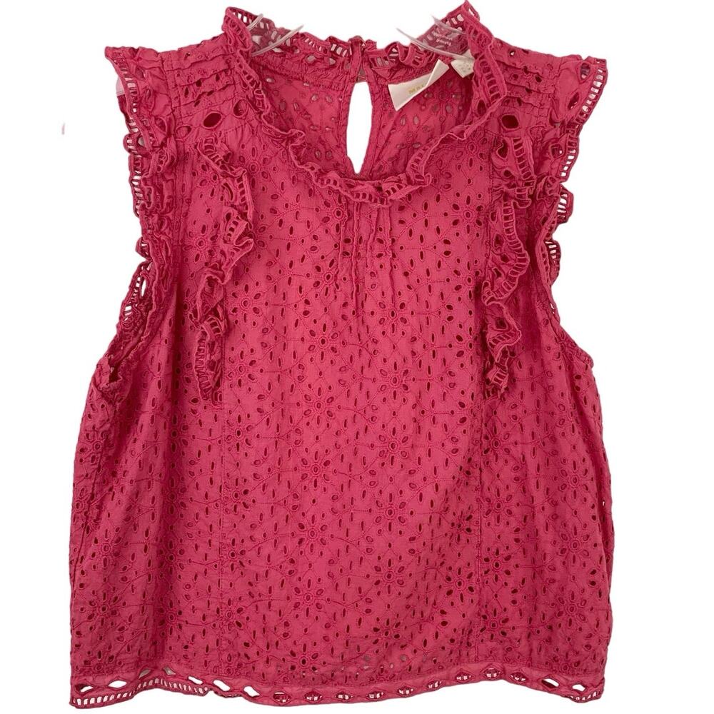 Maeve Anthropologie Floral Eyelet Ruffle Pink Sleeveless Blouse 6